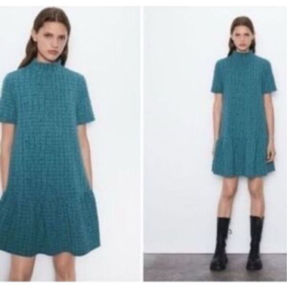 ZARA textured blue green mock turtleneck skater dress fit flare Sz M textured - Picture 1 of 12